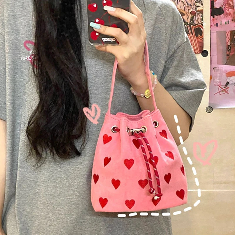 Embroidered Love Hand Canvas Bag Shoulder Crossbody Mini Bucket Bag Portable Mobile Phone Bag Heart Drawstring Shoulder Bag