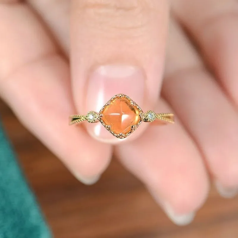 Vintage Diamond Geometry Refreshing Glossy  Orange Gemstone Rings for Women Palace Style Ring Fashion Fine Jewelry Gift