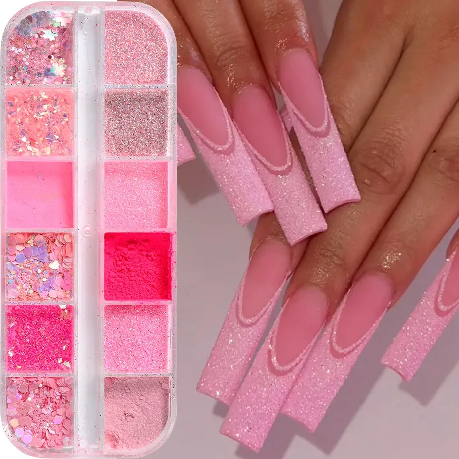 

12Grid Pink Glitter Nail Powder Mixed Holographic Hexagon Irregular Flakes Sliced Sparkly Crystal Sequins Pigment Manicure Decor