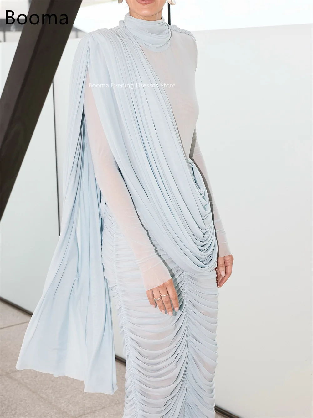 Booma a-line مطوي شيفون رقبة عالية فساتين سهرة بسيطة بأكمام طويلة فساتين رسمية للنساء فساتين حفلات أنيقة مصنوعة حسب الطلب