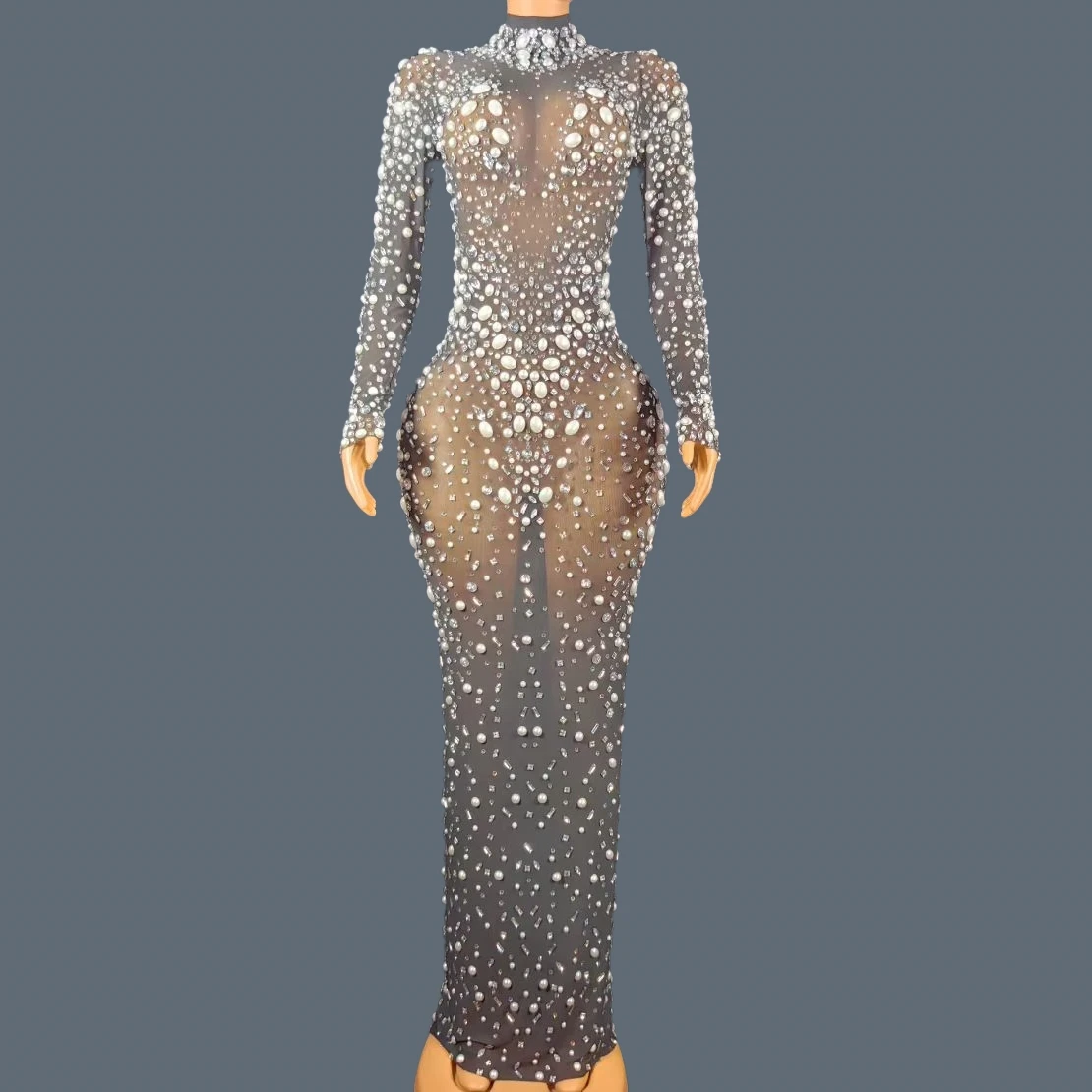 

Black Mesh Bodycon Long Dress with White Pearls And Sparkly Rhinestones Sexy See through Couture for Women Event Outfit Tiaoliao