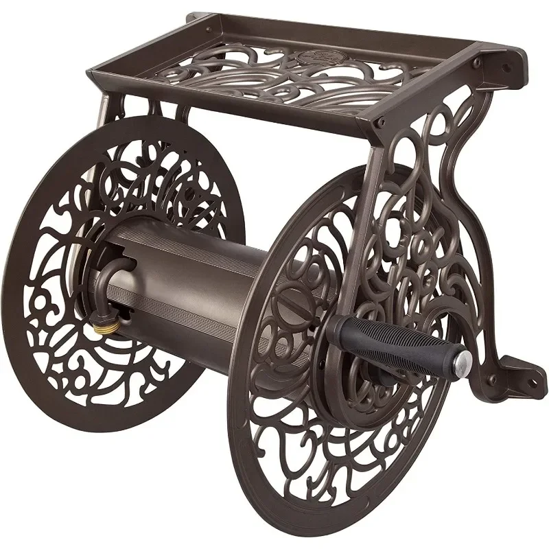 Decorative Cast Aluminum Wall Mount Garden Hose Reel, Holds 125-Feet of 5/8-Inch Hose - Bronze