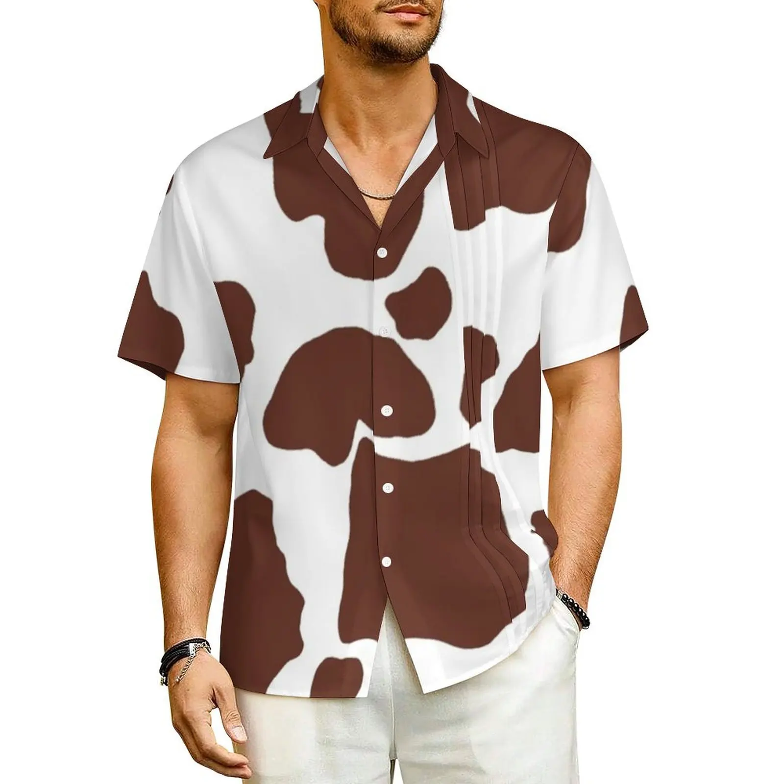 Cow Print Vacation Shirt Brown Spotted Cow Skin Hawaii Casual Shirts Man Trendy Blouses Short Sleeve Streetwear Pattern Top