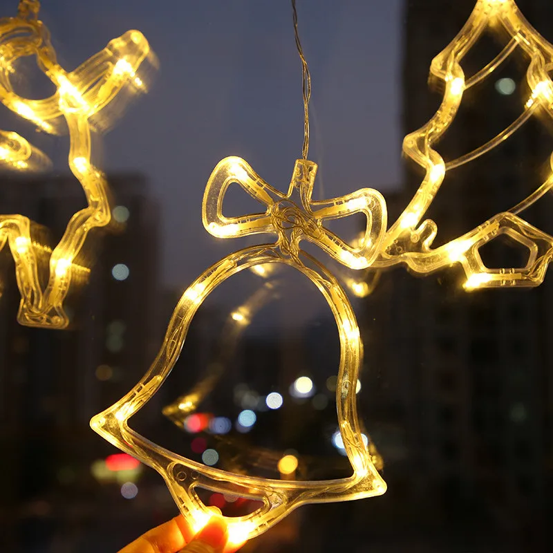 LED Christmas Bell Snowman Star Fairy Lights ghirlanda natalizia alimentata a batteria Sucker String Lights per la decorazione della finestra della camera da letto di casa