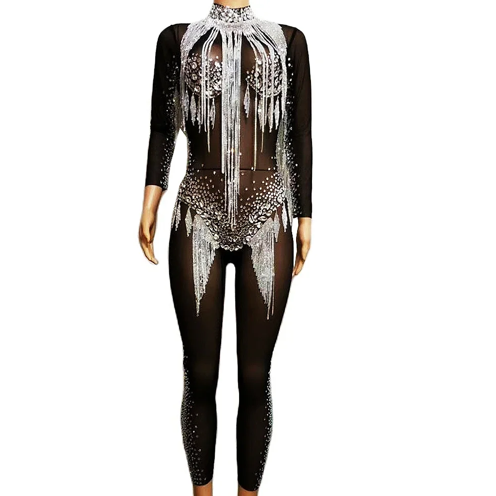 

Sparkling Diamonds Women Silver Fringes Jumpsuit Nightclub Pole Dance Costume Evening Mesh See Through Jumpsuits Stage Wear