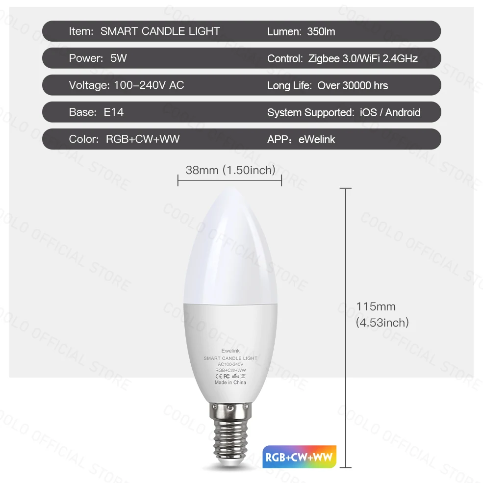 Smart WiFi E14 LED Bulb ZigBee Candle Light Bulbs 110V 220V RGB LED WW CW Lamp Works With Ewelink Alexa Google Home Yandex Alice