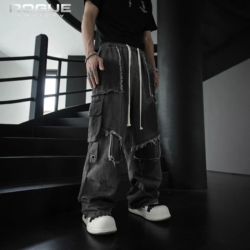 

Dark Style Grunge Streetwear Cargo Jeans Unisex Raw Edge Multi Pocket Denim Pants Y2K Loose Straight Casual Trousers Harajuku