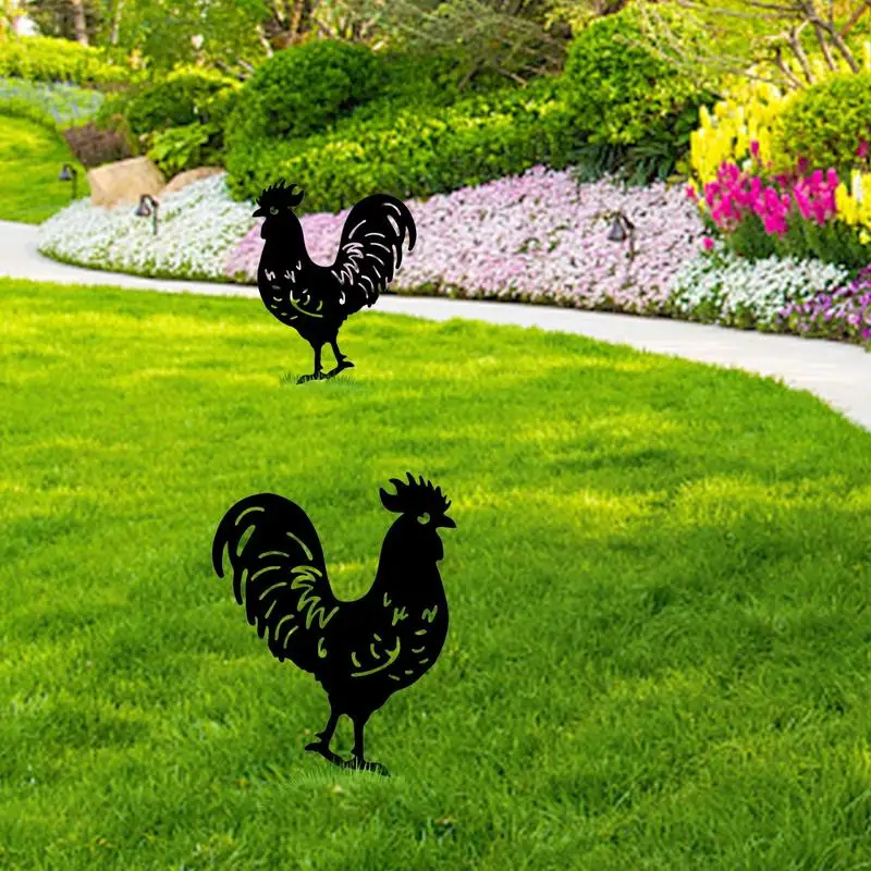 Rooster Yard Decor Outdoor Garden Decorations 2D Metal Decorative Chicken Patio Stakes Animal Silhouette Statues Yard For Patio