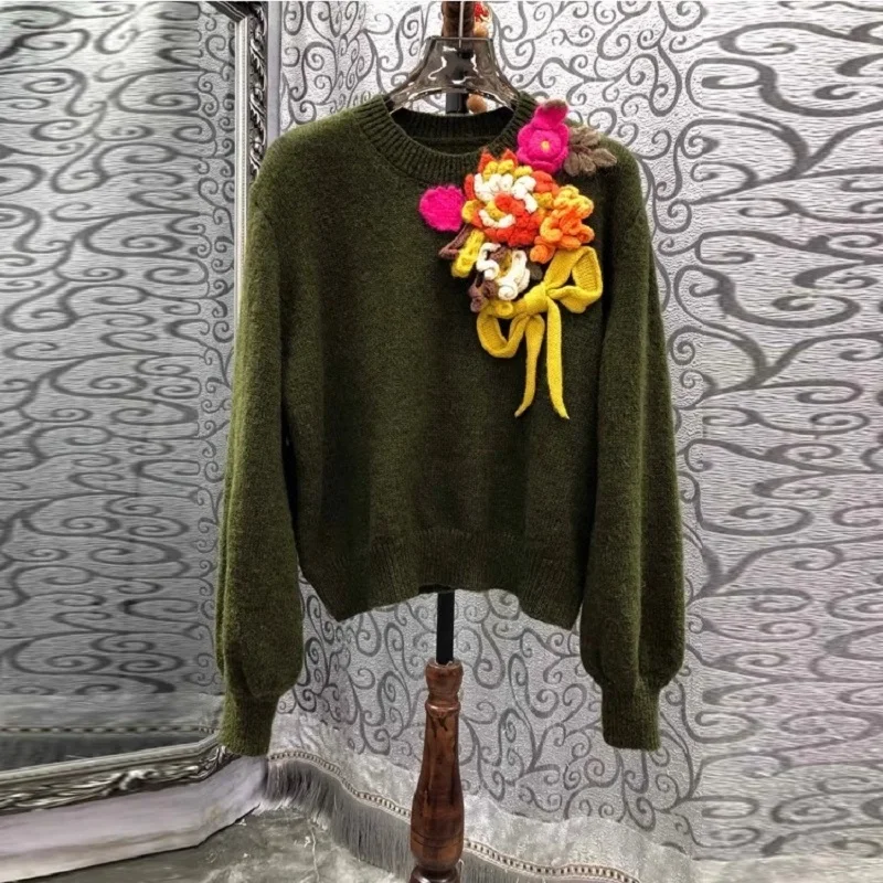 High Quality Sweaters 2023 Autumn Winter Tops Women Appliques Flower Deco Long Sleeve Casual Wool Blend Knitted Jumpers Green