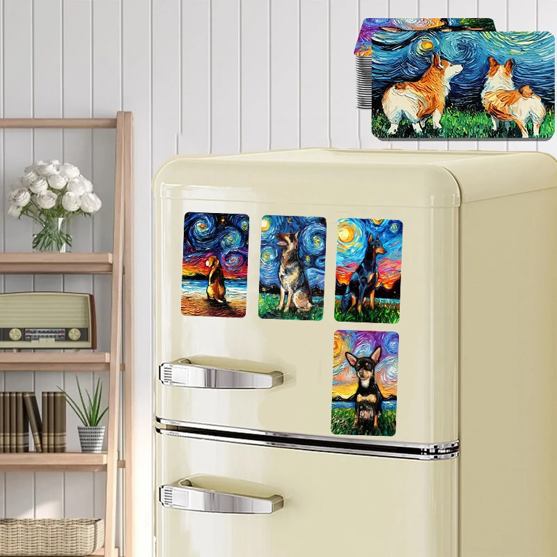 

Starry Sky Oil Painting Puppy Refrigerator Stickers Vincent Van Gogh Oil Refrigerator Magnet Wall Door Wall Pictures Home Decor