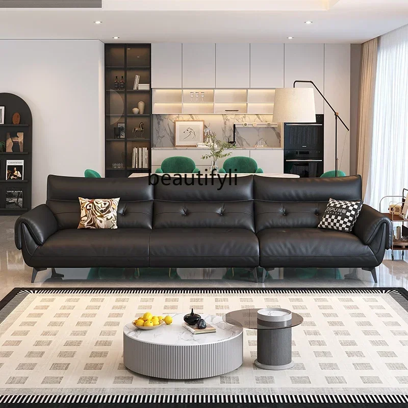 

45Light luxury simple leather sofa living room first layer cowhide small apartment straight row leather sofa