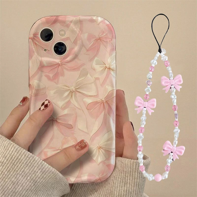 Pink Bowknot Chain Phone Case For Samsung Galaxy S25 FE S24 S23 S22 Ultra Plus FE A56 A55 A16 A06 A17 A53 5G cover Clear  Soft - náhled 4
