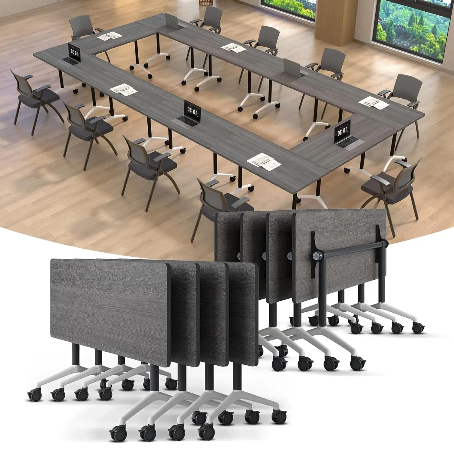 

Folding Flip-Top Conference Table On Wheels Mobile Training Meeting Office Classroom 6-12 Person Space-Saving, Customized