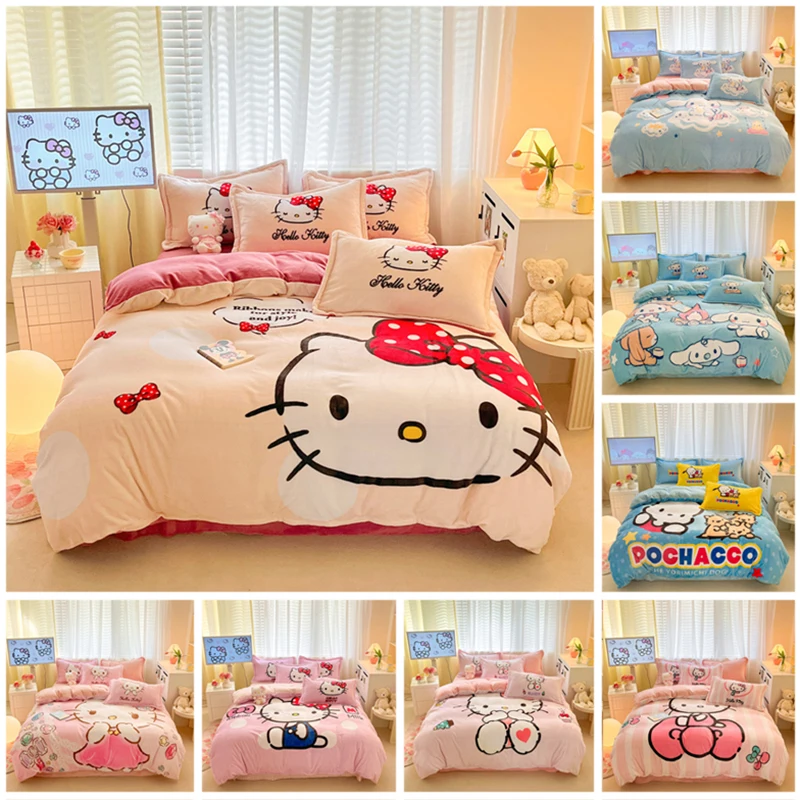 Sanrio Milk Velvet Bedding Set Hello Kitty Cinnamoroll Winter Flannel Duvet Cover Bed Sheet Pillowcase King Queen Home Textile