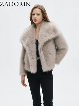 ZADORIN Yüksek Kalite Lüks Degrade Taklit Kürk Ceket Kadın Büyük Kürk Yaka Kısa Kabarık Kürk Ceket Kadın Giyim Yeni Outerwears