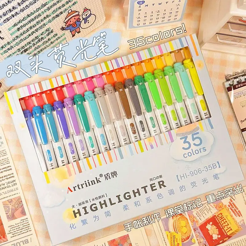 

35 Colors Highlighter Pen Set Dual Tip Marker Pens Fluorescent Coloring Journaling Pastel Papeleria Kawaii Stationery Marcadores