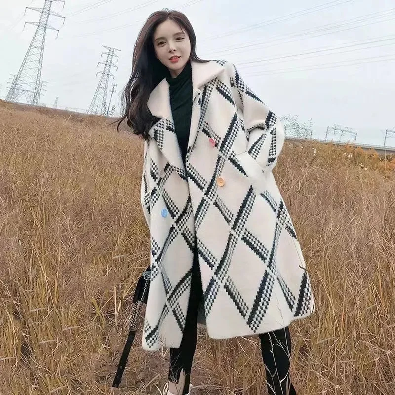 

Autumn Women Fashion Mink Fur Jacket Korean Ladies Long Styles Loose Knitted Cardigan 2025 Femme Long Sleeves Plaid Sweater Coat