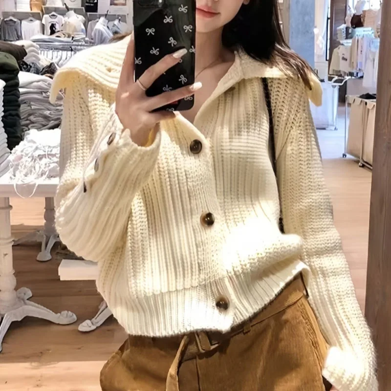 Maglione lavorato a maglia Cardigan da donna Nuova manica lunga Colletto rovesciato Maglione lavorato a maglia nero Cardigan Donna Top Sueters De Mujer Q1593