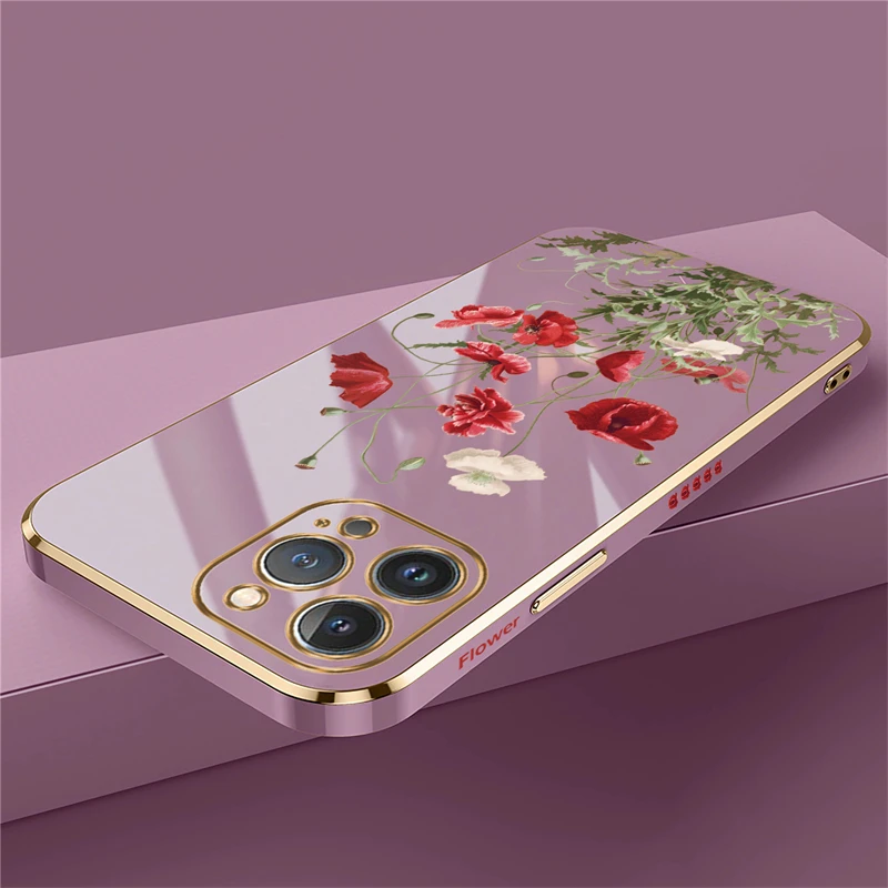 Plating Phone Case For iPhone 15 13 14 Pro Max 12 11 Pro XS Max XR X 8 7 14 Plus SE 2022 2020 Silicone Pattern Flower Cover