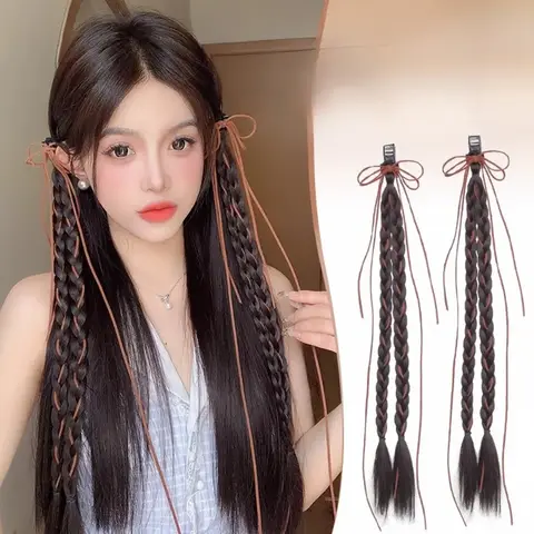 1PC Y2K Hot Girl Twisted Synthetische Vlecht Pruik Grab Clip Zoete Streamer Boog Hiphop Dreadlocks Paardenstaart Extensions