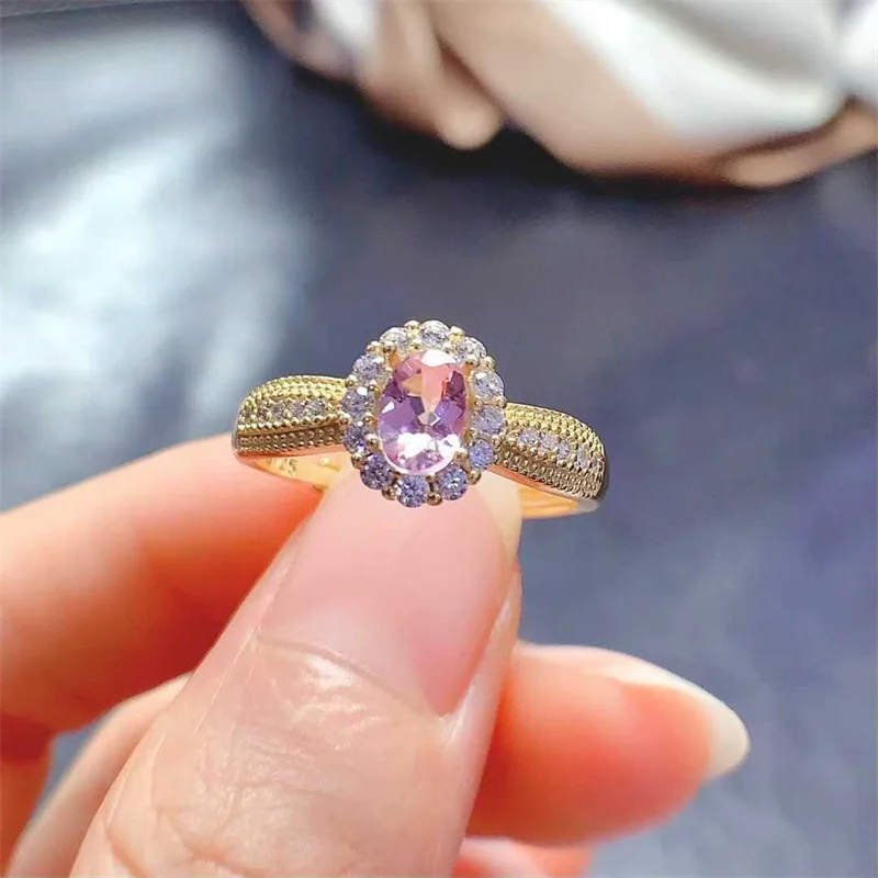 

Genuine 925 Sterling Silver Natural Pink Tourmaline Wedding Ring for Women Yellow Gold Fine Jewelry Gift with Certificate