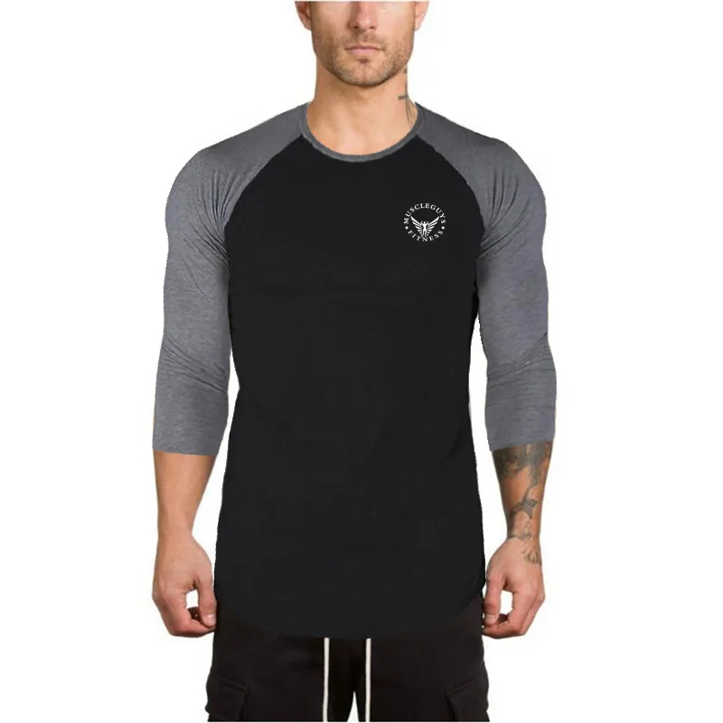 Summer Breathable Three Quarter Sleeves Cotton T-shirt Fashion 0-neck Tops Men Fitness Gym Running Sport Shirt Hip Hop Tshirts