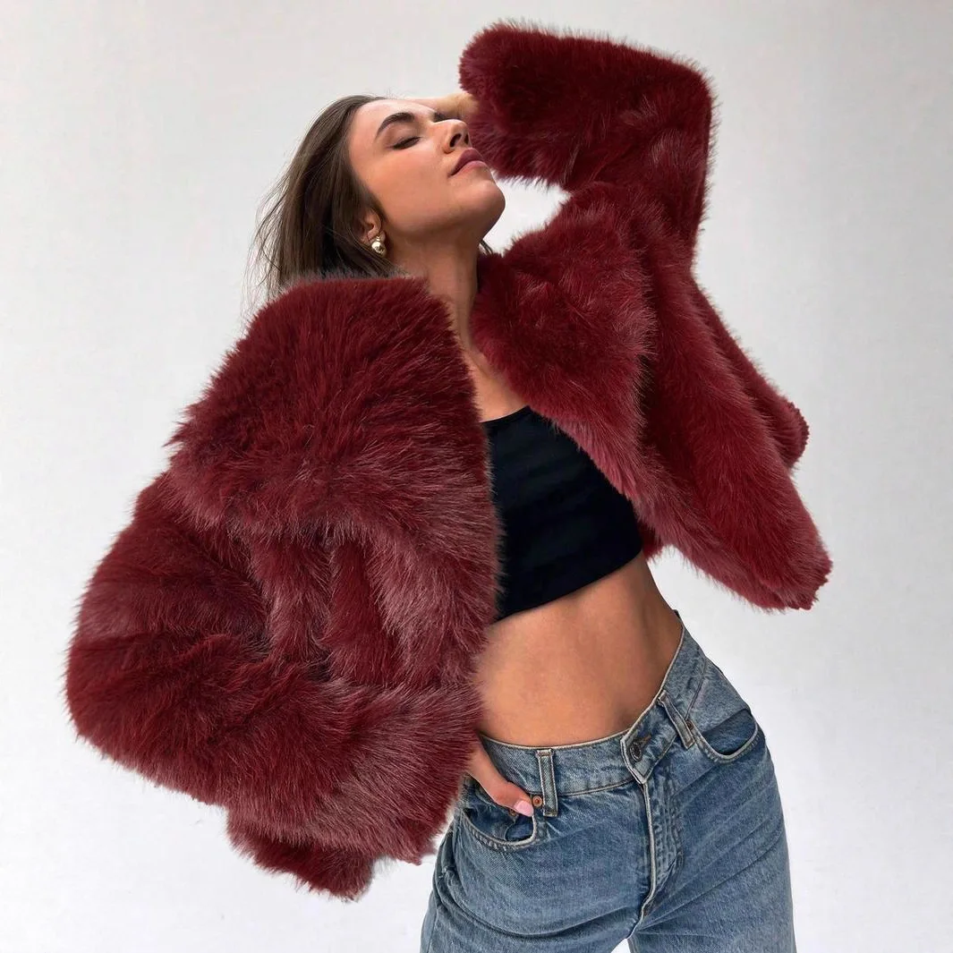 Faux Fur Coat Women Short Jacket Solid Turn Down Collar Long Sleeves Open Stitch Loose Fit Thick Office Lady Casual 2025 Winter