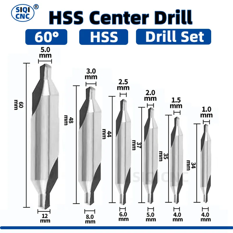 SIQICNC HSS Center Drill For Metal 6pcs A1 A2 A2.5 A3 A4 A5Drill Hole Centering Dril  M35 6542 Centering drill bit