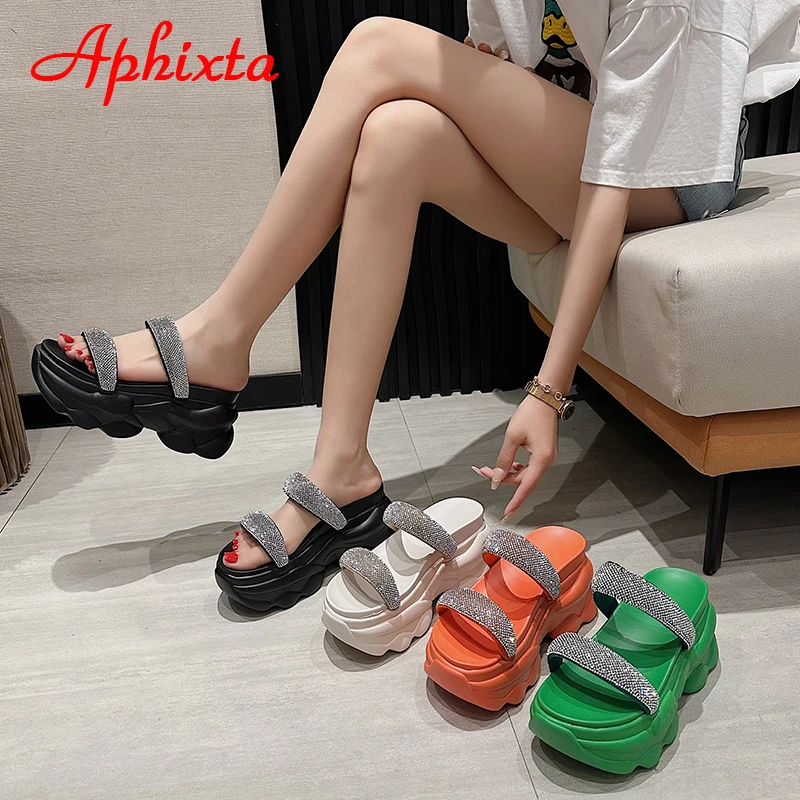 Aphixta 2023 New Luxury Crystals Summer Thick Sole Slides Simple Platform Women Shoes Green Flip Flops Wedge Heel Beach Slippers