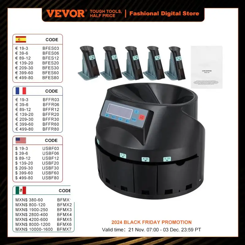 VEVOR 230/300 Coins/Min USD Coin Sorter Counter Professional Electric Automatic Machine LED Display for School Shop Bank Black