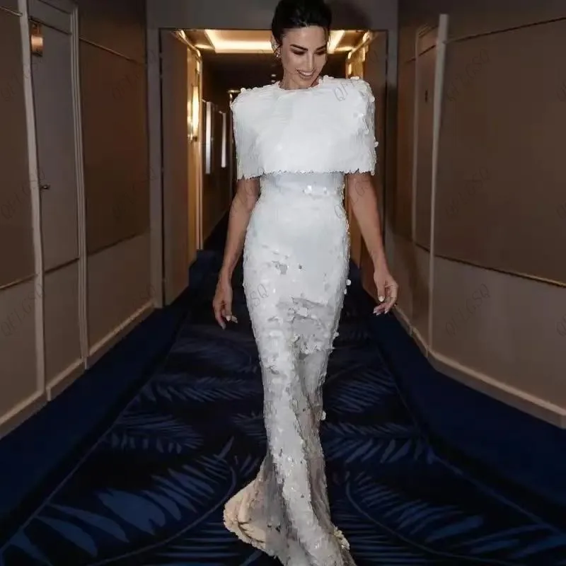 Oszałamiające suknie balowe z cekinami, z rękawami, do ziemi, eleganckie sukienki damskie w stylu Dubai, białe sukienki wieczorowe z cekinami szyte na miarę.