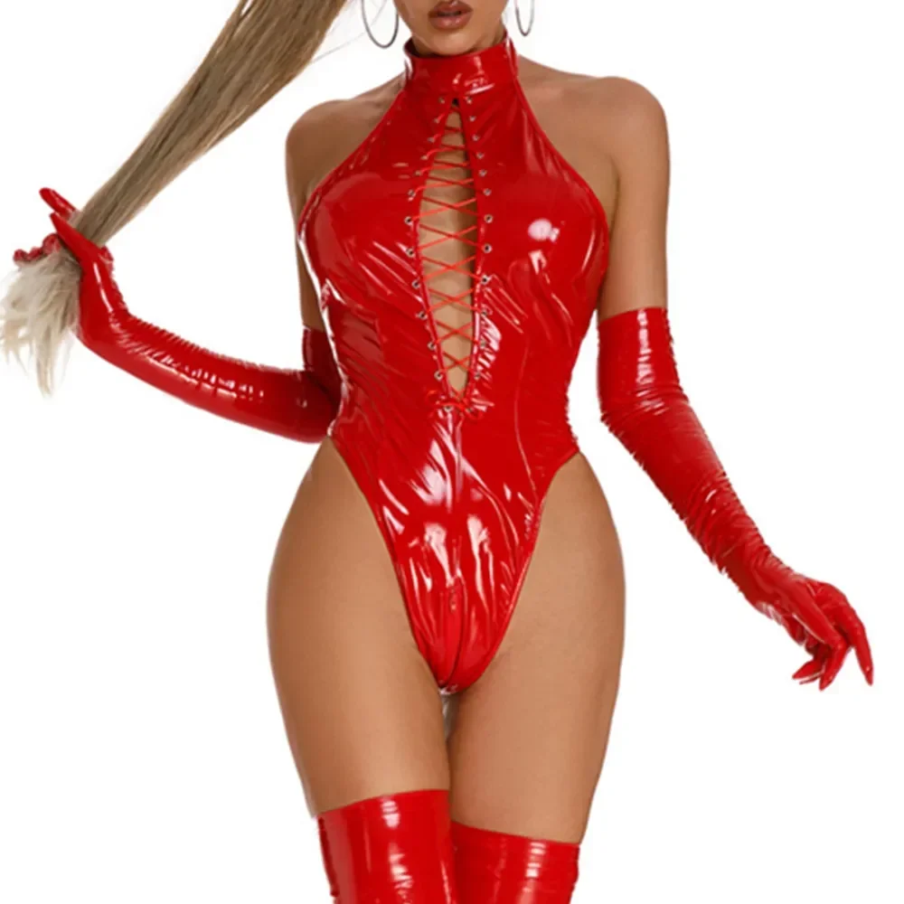 

Women Hot Sexy Zipper Open Crotch Shiny Leather Bodysuit Porn Open Breast Exposing Wetlook Latex Leotard Sleeveless Sexi