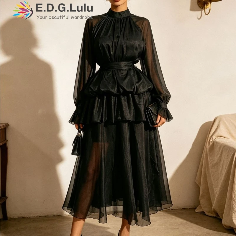 EDGLuLu Two Piece Outfits Woman 2026 Autumn New Stand Collar Waist Lace-Up Ruffle Top+High Waisted Loose Skirt Set 0907