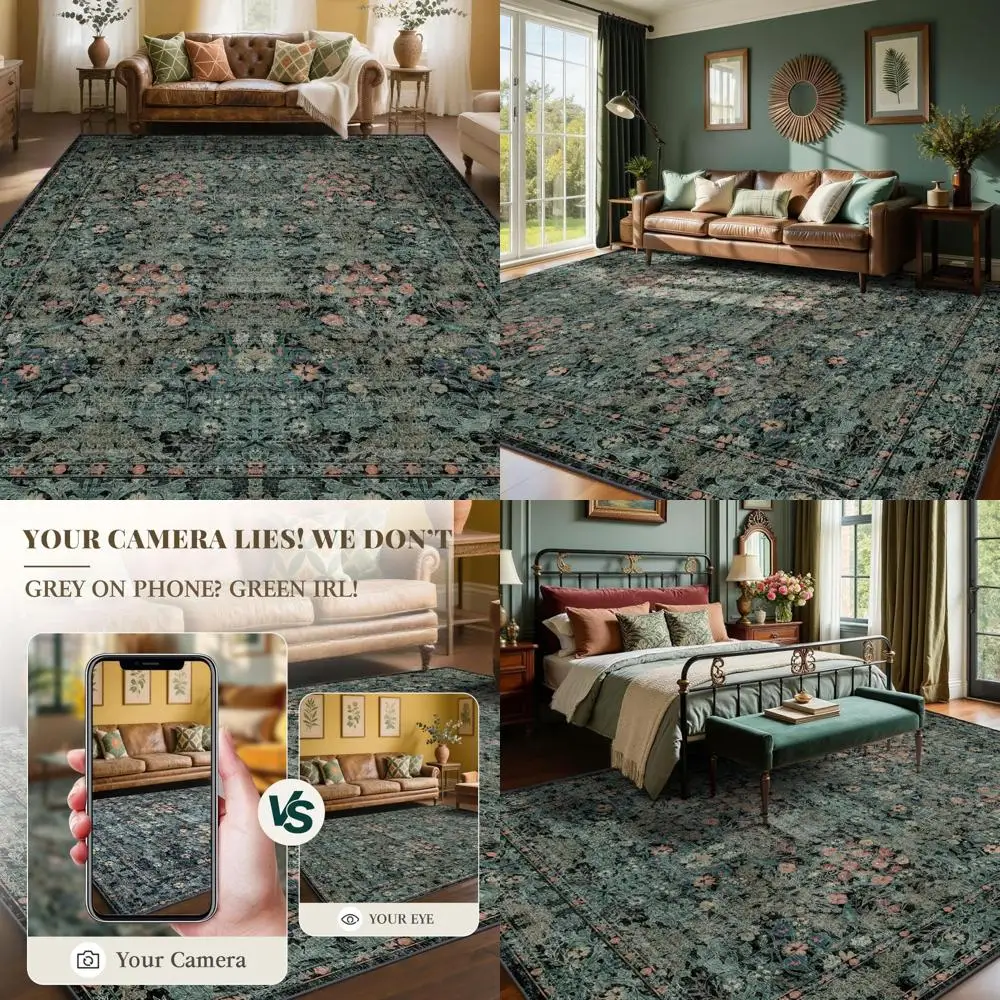 

Elegant Dark Green Floral Rug, 8x10, Suitable for Living Room, Washable and Perfect for Farmhouse Style, Ideal for Bedroom, Dini