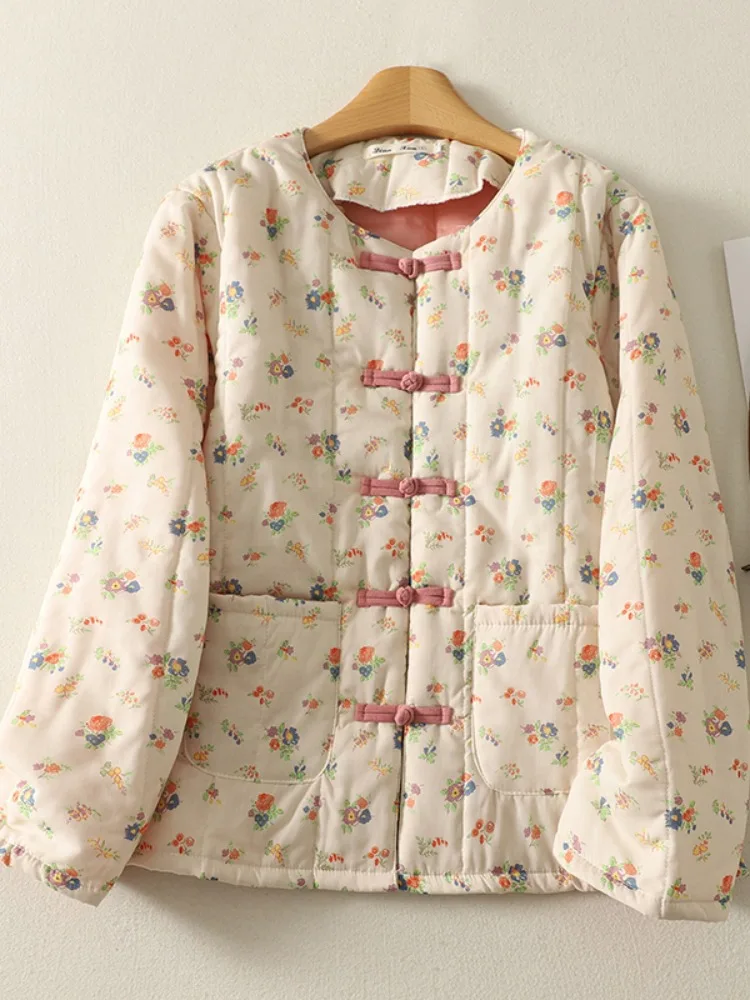 

Thiened Cotton Floral Print Jaet Retro Button round Ne ort Coat Women's Winter Warm Traditional Chinese Sle Clothing
