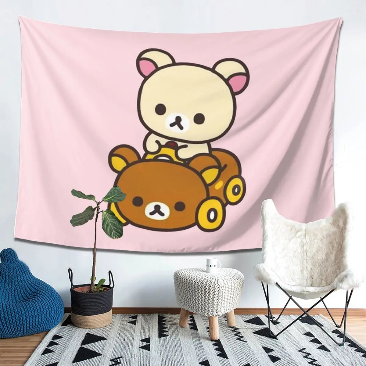 Korilakkuma Driving A Rilakkuma Car Tapestry Wall Hanging Aesthetic Home Decoration Tapestries for Living Room Bedroom