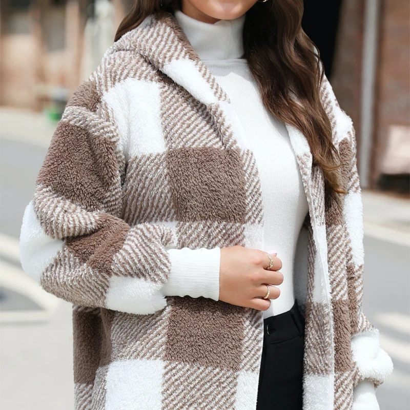 Vintage Women's Coats Plaid Velvet Hooded Warm Coat Ladies Casual Loose Plush Long Sleeved Jackets Autumn Fall Winter Jacket