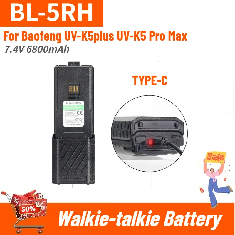 BL-5RH Battery 7.4V 6800mAh TYPE-C for Baofeng UV-K5plus UV-K5 Pro Max Two Way Radios High Capacity Replacement Battery