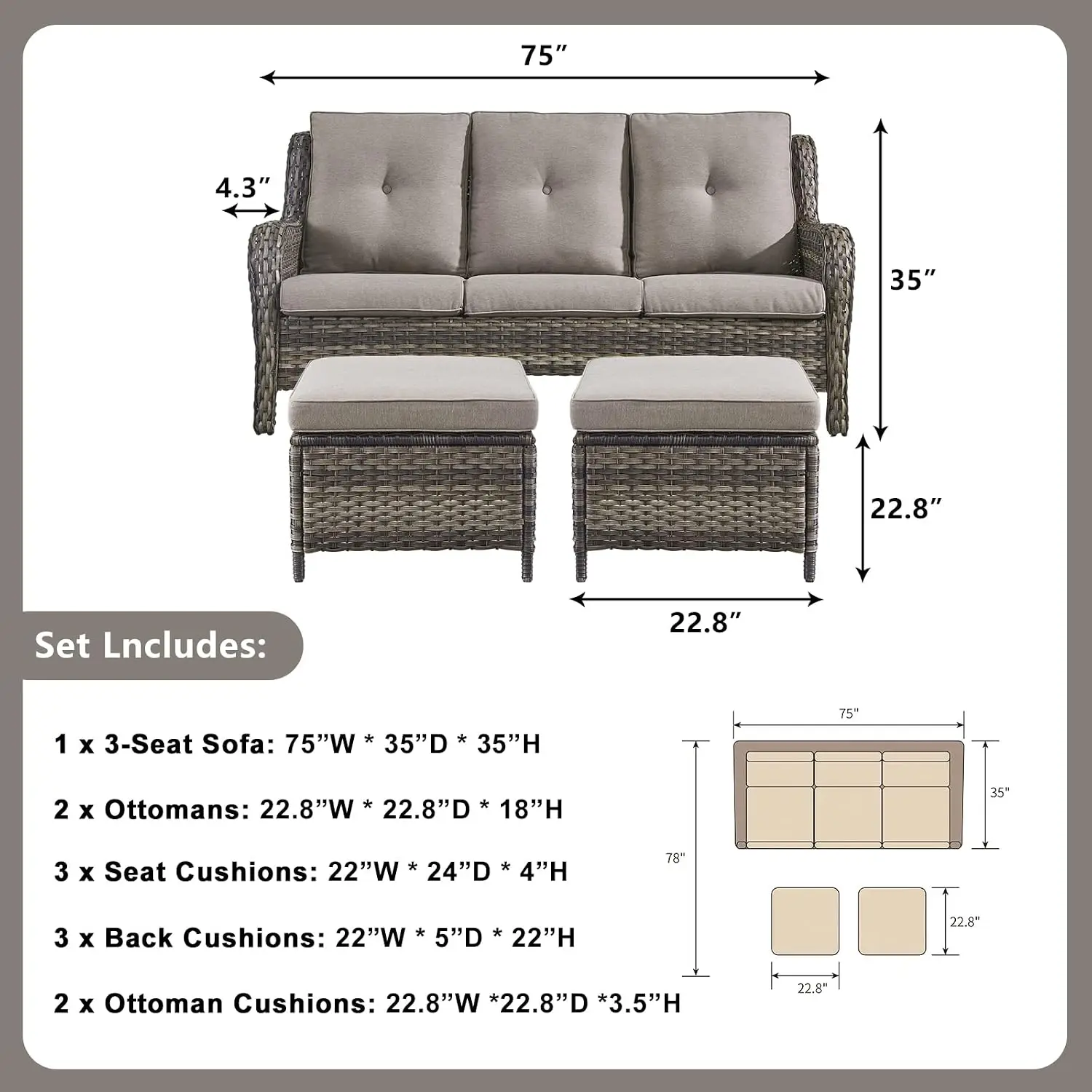 3 Seater Wicker Sofa with Ottoman, 4in Replaceable Cushions, Deep Seating, All Weather for Backyard Garden Poolside, Customized