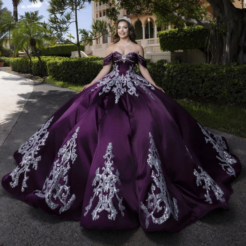 

Purple Quinceanera Dresses Ball Gown Off The Shoulder Silvery Applique Lace Beading Crystal Sweet 16 Dress Vestidos 15 De Anos