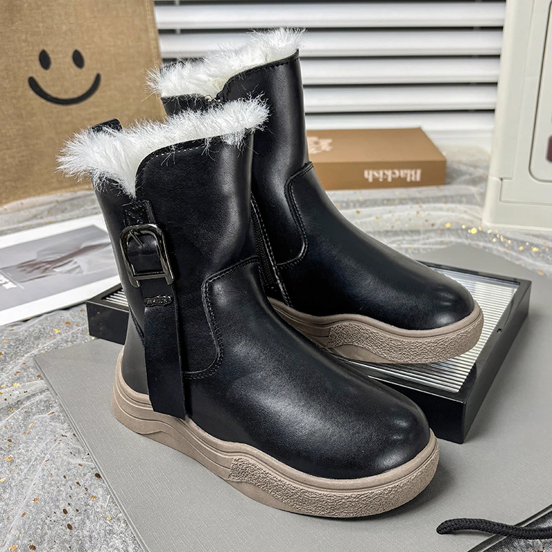 أطفال فو الفراء الأحذية للفتيات 2025 جديد الشتاء الاطفال أفخم بطانة حذاء من الجلد عدم الانزلاق تنفس أحذية المدرسة للفتيات الأحذية