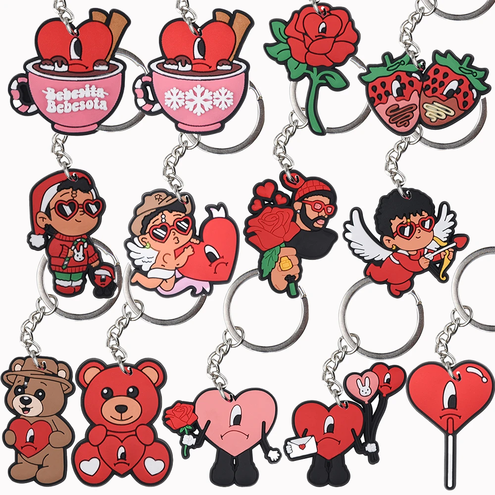 2025 Valentine's Day Keychains Cartoon Red Hearts Rose Keyrings Lovely Strawberry Angel Bag Wallet Accessories Girl Boy Gifts