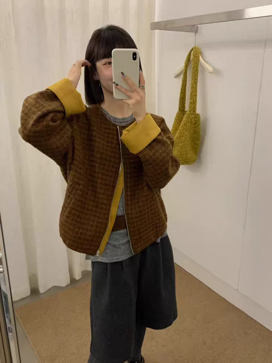 Elegante Abrigo de Lana con Cuello Redondo y Cremallera, Diseño de Bloques de Color, Top para Mujer, Estilizador y Versátil, Nueva Moda de Otoño de Saint Yia