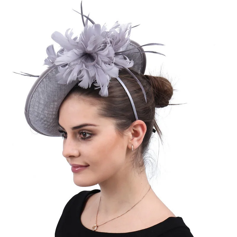 Fascinators Grey Church Sinamay czapka z kapelusze Fedora z piór dla kobiet Derby imprezowa, koktajlowa ślubne damskie kapelusze kościelne