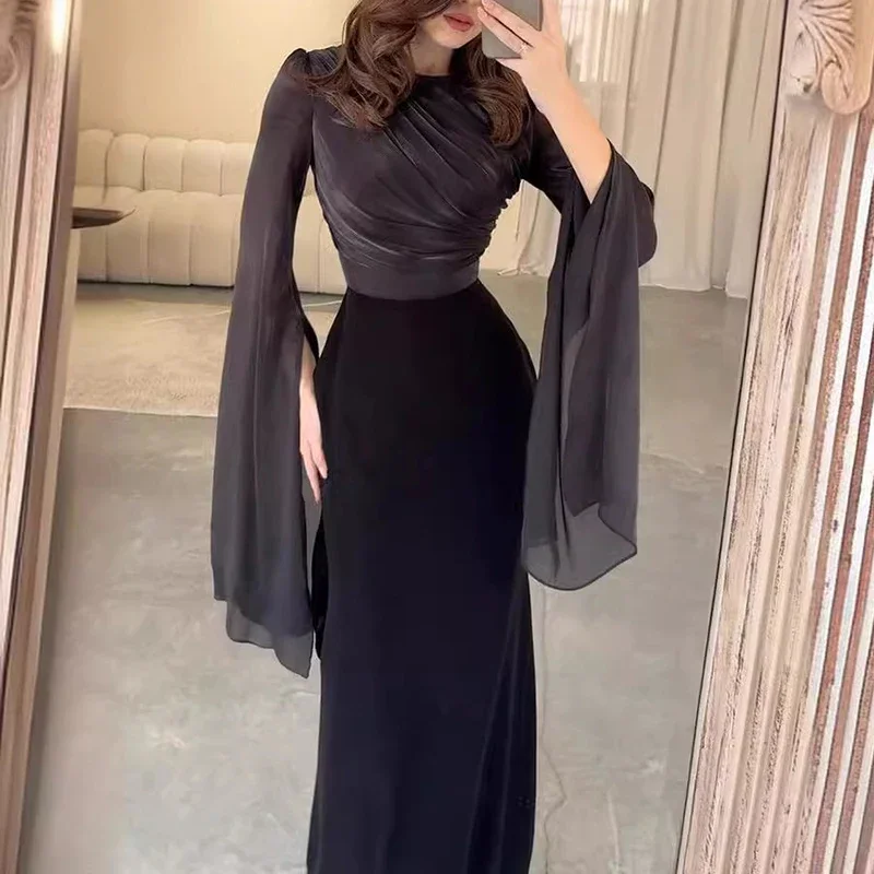 Women\'s Spring Solid Spliced Satin Maxi Dress Sexy O Neck Slim Bodycon Hip Long Dress Summer Batwing Sleeve Hollow Evening Dress