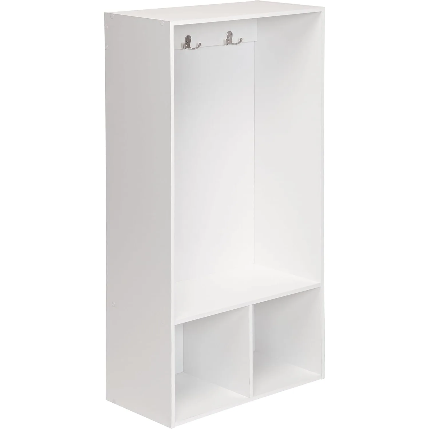 Wood Locker, 2 Cubby Cube Compartments Open Storage, 3 Hooks, for Coats, Backpacks, Jackets, White Finish, 47-Inch