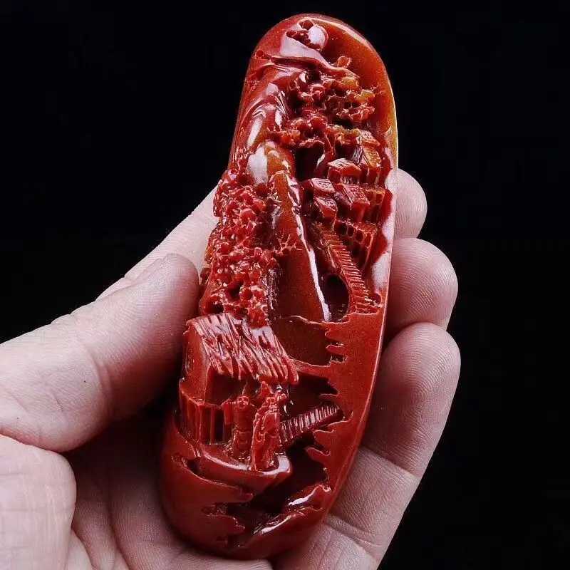 Chinese Antique Huanglong Jade Carved Landscape Waist Tag Statue