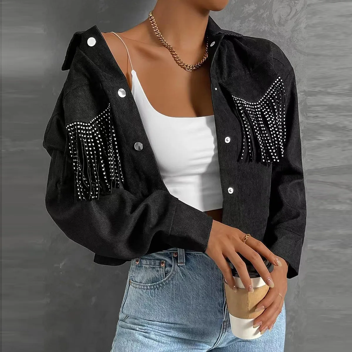 

Ele ort Jaet Women's Autumn Winter New Sle Tassel Flip Collar Outerwear Polyester Fabric Long Sve Smart Faion