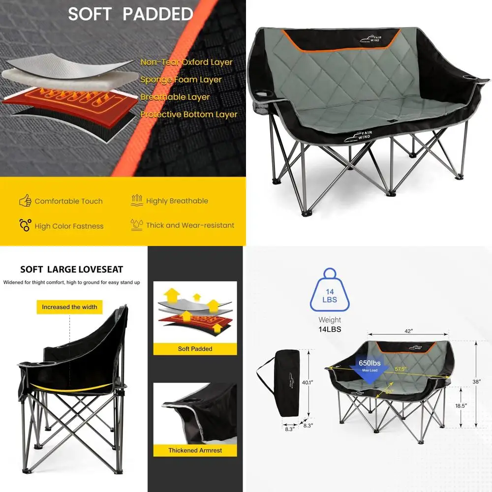 

Двойное двухместное сиденье для кемпинга с мягкими сиденьями, сверхпрочными четырьмя подлокотниками и подстаканниками — опоры до 650 фунтов, черный