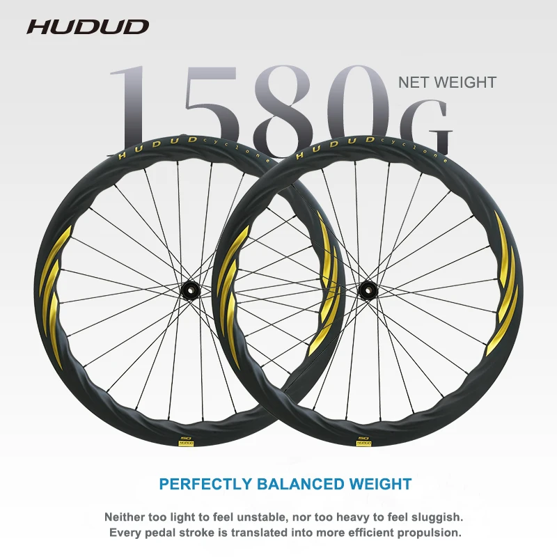 

HUDUD V5 T800 Carbon Wave Wheelset | Tornado Design | Black n Gold or Silver | 1580G | 45mm Rim Hight | Bearing Hub | Disc Brake